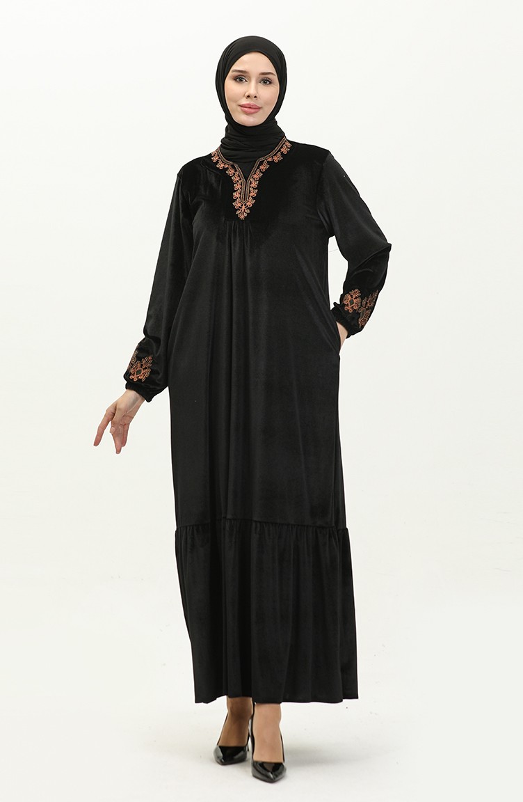 Büyük Beden Nakışlı Kadife Elbise 24K9068-03 Siyah | Sefamerve