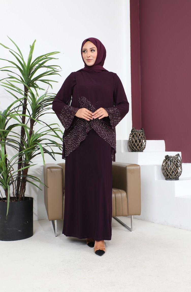 Women`s Plus Size Evening Dress Thin Stone Printed Hijab Evening Dress Suit  Plum 8850Abaya 868 | Sefamerve