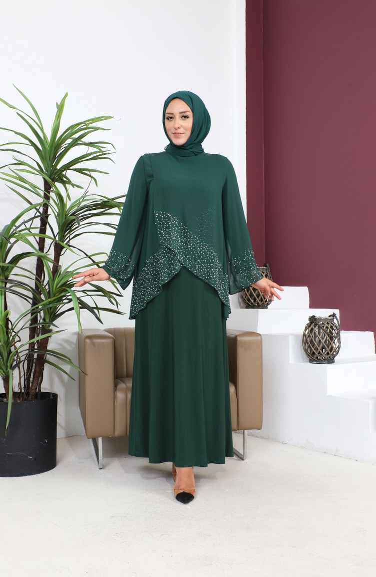Kadin Buyuk Beden Abiye Elbise İnce Tas Baskılı Tesettur Abiye Takım Zümrüt  Yeşili 8850Ferace | Sefamerve