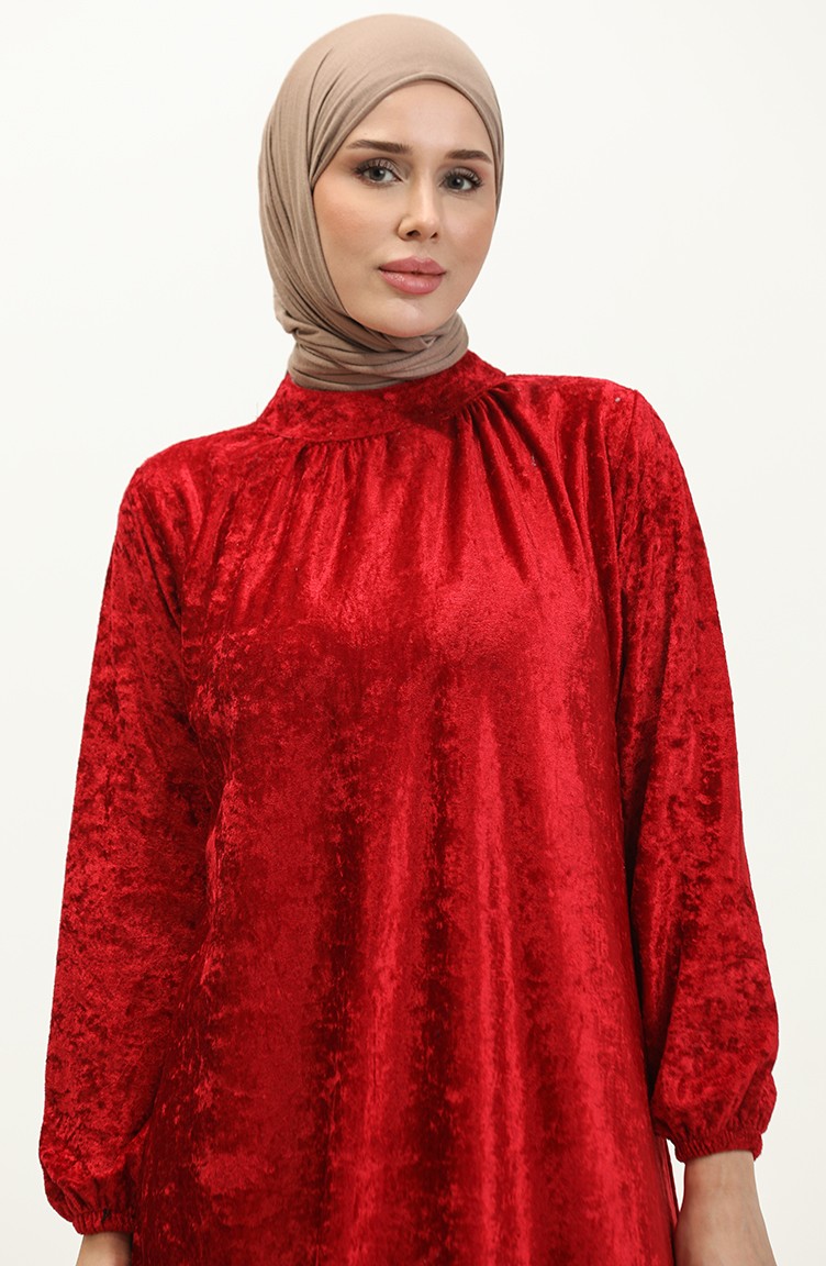 فستان مخمل 0197-06 أحمر غامق 0197-06 | Sefamerve