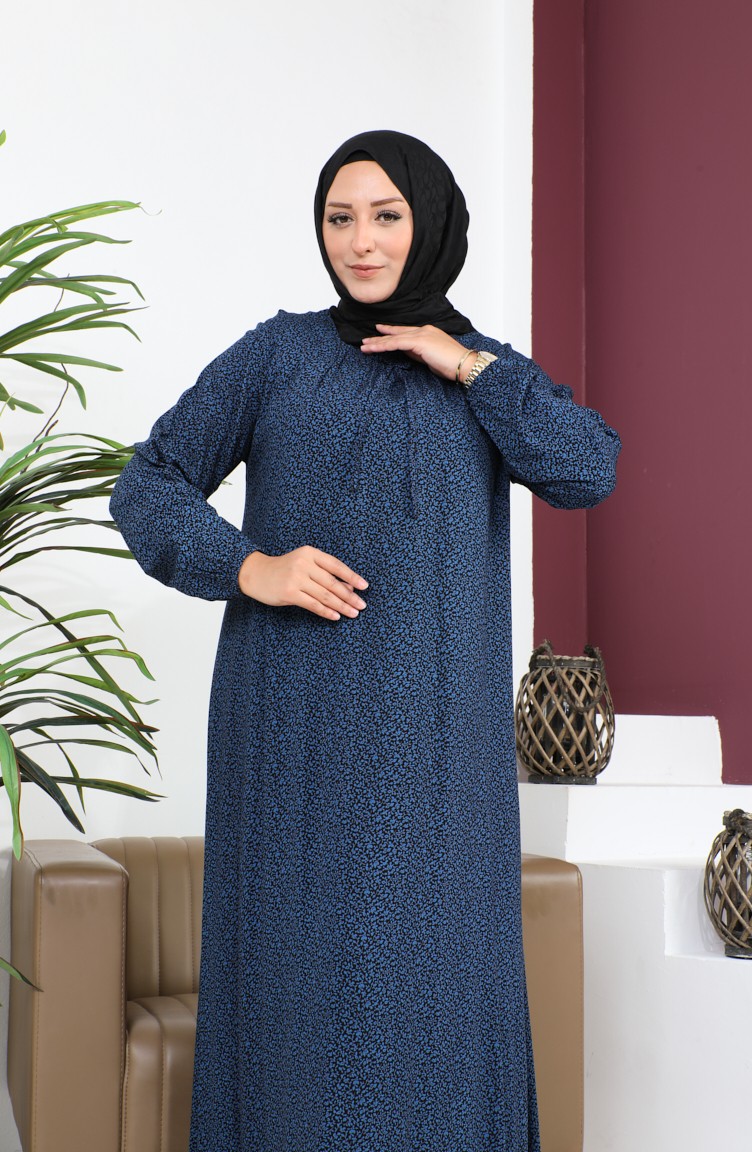 Kadin Buyuk Beden Çıtır Desen Uzun Anne Günlük Elbise 8408 4 Mavi |  Sefamerve