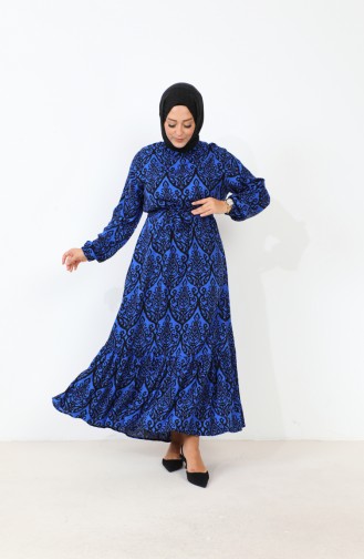 فستان نسائي بياقة رائعة مقاس كبير فستان حجاب قماش فيسكوز مطوي ومطوي 8686 أزرق 8686.Mavi