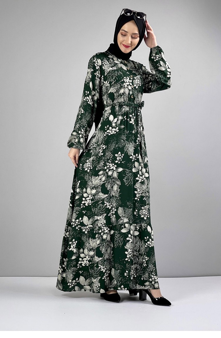 Gemustertes Hijab-Kleid Mit Gürtel Smaragdgrün 0242SGS.ZMR | Sefamerve