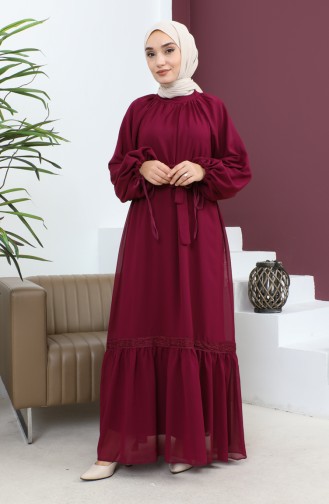 Lace Detailed Chiffon Dress Plum 19143 14716