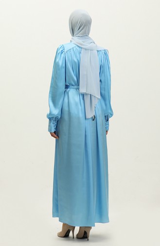 Kuşaklı Şifon Elbise 5959-01 Buz Mavisi