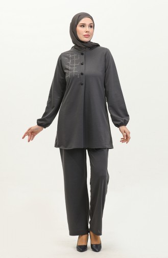 Doppelter Hijab-Anzug Mit Steindetail 8071-1 80711-01 Geräuchert 80711-01