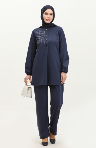 Doppelter Hijab-Anzug Mit Steindetail 8071-1 80711-04 Marineblau 80711-04