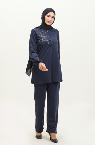 Doppelter Hijab-Anzug Mit Steindetail 8071-1 80711-04 Marineblau 80711-04