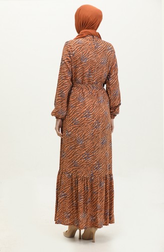 Viskon Desenli Kuşaklı Elbise 0300-01 Kahverengi