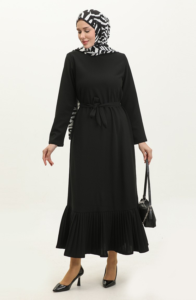 Etek Ucu Piliseli Kuşaklı Elbise 0301-01 Siyah | Sefamerve