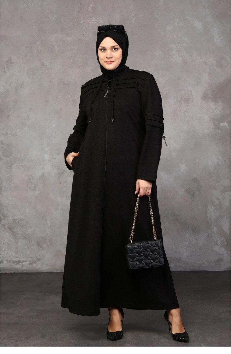 ملابس حجاب نسائية معطف علوي مقاس كبير كامل الطول بسحاب أسود 8611 عباية 731  | Sefamerve