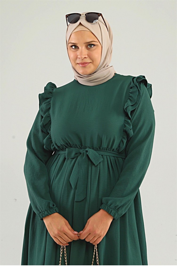 Kadin Buyuk Beden Tesettur Uzun Elbise Omzu Fırfırlı Bel Kuşaklı Tesettur  Elbise Zümrüt Yeşili 7037Ferace | Sefamerve