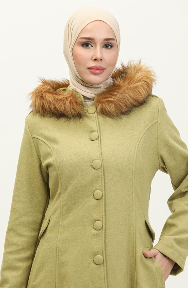 معطف كشمير بتصميم موصول بقبعة 712010-09 لون أخضر فستقي 712010-09 | Sefamerve