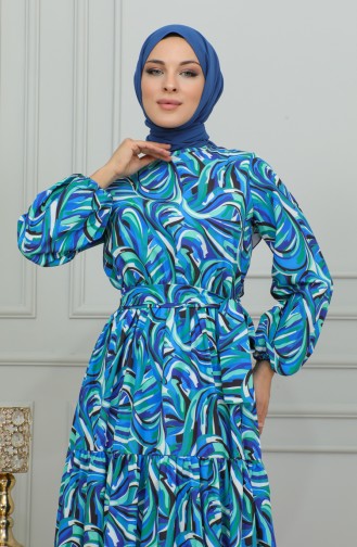 فستان منقوش للمحجبات 2302-01 أزرق 2302-01