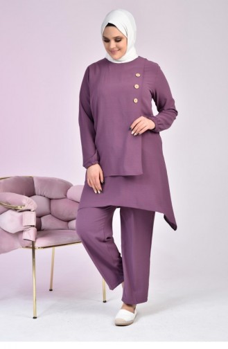 Women`s Large Size Buttoned Double Hijab Tunic Set 5079 Plum 5079.Mürdüm