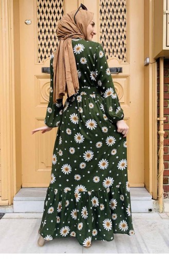 Robe Hijab à Motifs Détaillés Avec Ceinture Kaki 0238Sgs 6712