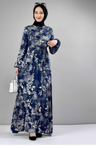 0242Sgs Belted Patterned Hijab Dress Petrol Blue 6817