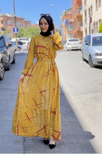 0248Sgs Gemustertes Hijab-Kleid Senf 7239