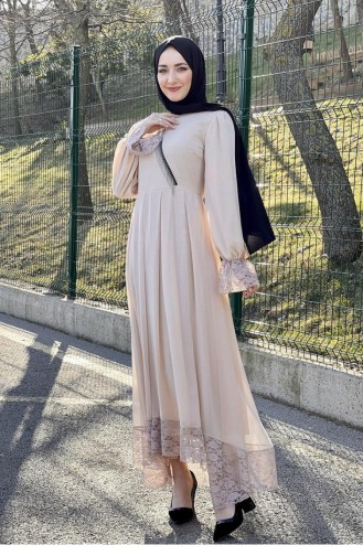 5402 فستان حجاب بسلسلة نهاية باللون البيج 8133