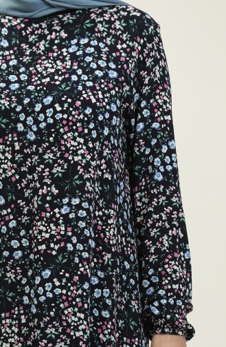 Shirred Skirt  Floral Viscose Dress 2063-04 Navy Blue 2063-04