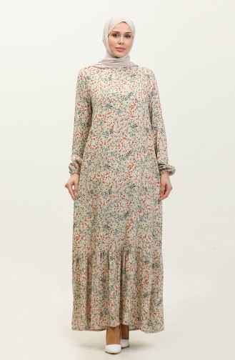 Shirred Skirt  Floral Viscose Dress 2063-03 Stone 2063-03