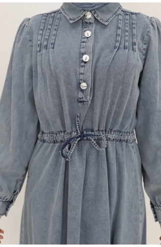 Lace-up Waist And Button Collar Detailed Denim Dress 1567-01 Ice Blue 1567-01