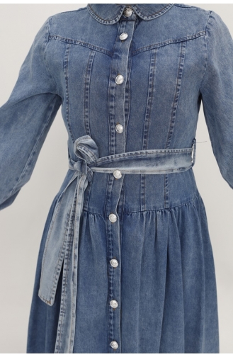 Buttoned And Belted Denim Dress 1565-01 Ice Blue 1565-01