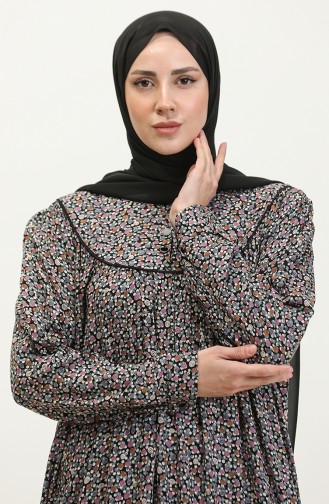 فستان فيسكوز مُطبع بمقاسات كبيرة 4473G-04 لون أسود ووردي مغبر 4473G-04
