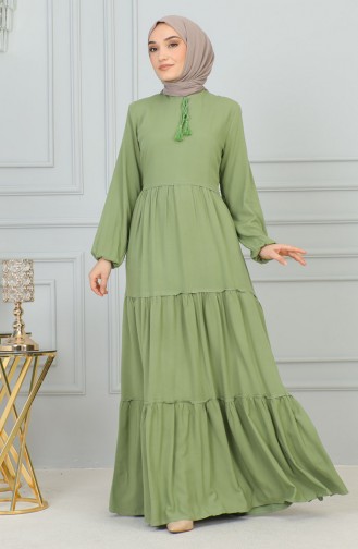 0229Sgs فستان مزين بشرابة باللون الأخضر 8367