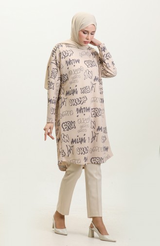 Relaxed Cut Patterned Tunic 8710-01 Light Beige 8710-01