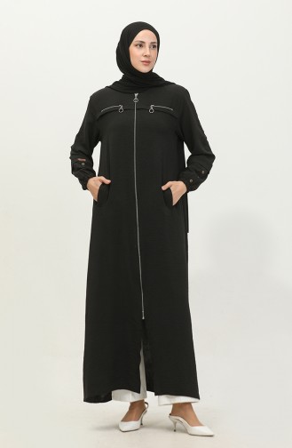 Women`s Large Size Abaya With Sleeves Button Detailed Summer 5040 Black 5040.siyah