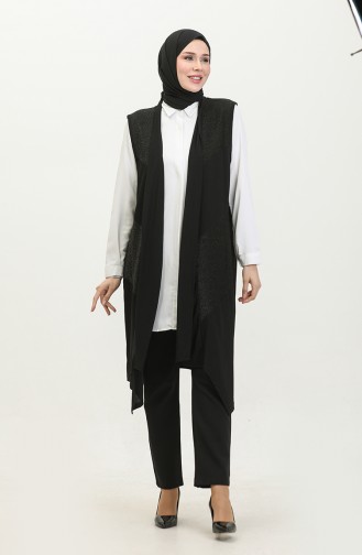 Groot Formaat Zwart Lang Leren Damesvest Hijab Asymmetrische Snit 7016 Zwart 7016.siyah