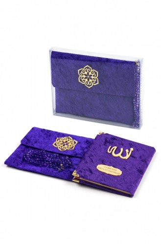 Velvet Covered Yasin Book Bag Size Personalized Plate Prayer Bead Pouch Boxed Purple Color Mevlit Gift 4547074547070 4547074547070