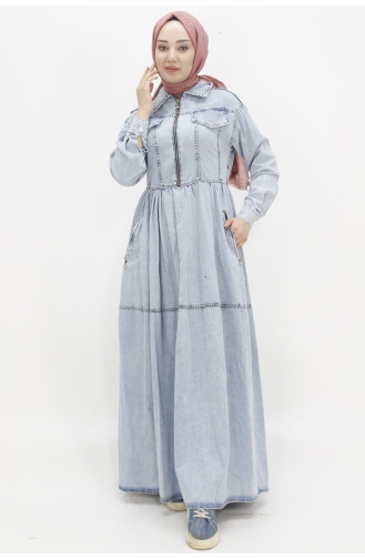 Shirt Collar Pocket Zipper Detailed Hijab Denim Dress 1643-02 Ice Blue 1643-02