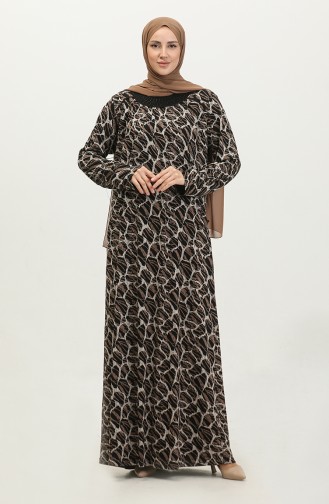 Large Size Stony Patterned Viscose Dress 4430N-02 Black Mink 4430N-02