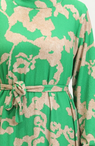 فستان منقوش بحزام 0388-04 أخضر فيزون 0388-04