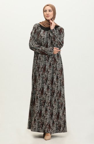 Büyük Beden Yakası Taşlı Desenli Viskon Elbise 4430D-04 Siyah Kiremit