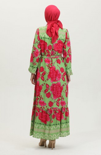 Viskon Büyük Çiçek Desenli Kuşaklı Elbise 0386-04 Çağla Yeşil