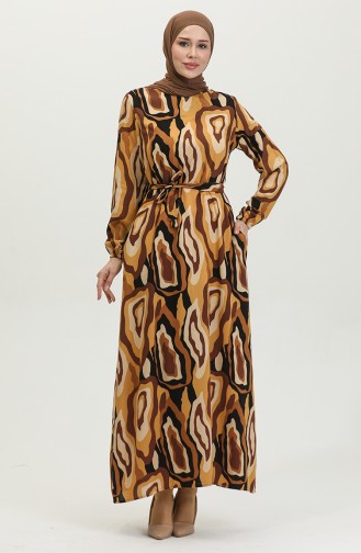 Color Patterned Viscose Dress 0390-01 Brown Mustard 0390-01