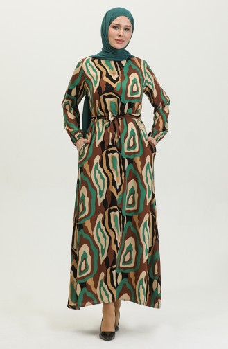 Viscose-jurk Met Gekleurd Patroon 0390-02 Bruin Smaragdgroen 0390-02