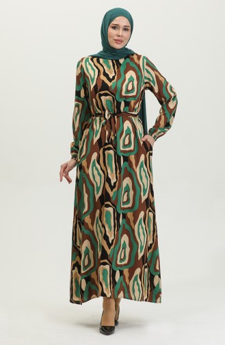 Renk Desenli Viskon Elbise 0390-02 Kahverengi Zümrüt Yeşili
