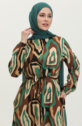 Color Patterned Viscose Dress 0390-02 Brown Emerald Green 0390-02