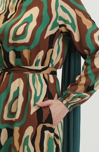 Renk Desenli Viskon Elbise 0390-02 Kahverengi Zümrüt Yeşili