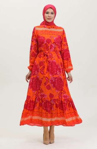Viscose Big Flower Patterned Belted Dress 0386-02 Orange 0386-02