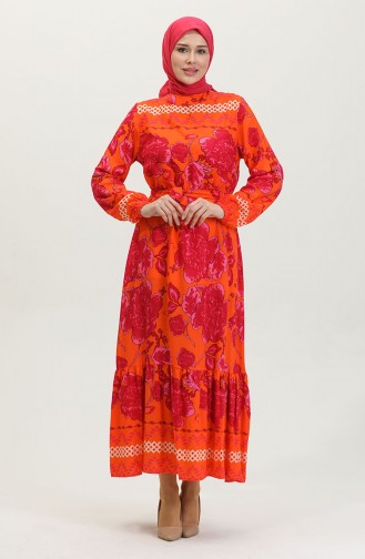Viscose Big Flower Patterned Belted Dress 0386-02 Orange 0386-02
