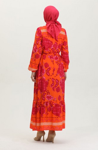 Kleid Aus Viskose Mit Großem Blumenmuster Und Gürtel 0386-02 Orange 0386-02