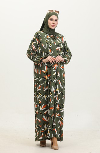 فستان فيسكوز مُطبع بمقاسات كبيرة 44852F-01 لون كاكي 44852F-01