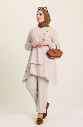 Women`s Large Size Buttoned Double Hijab Tunic Set 5079 Stone 5079.Taş