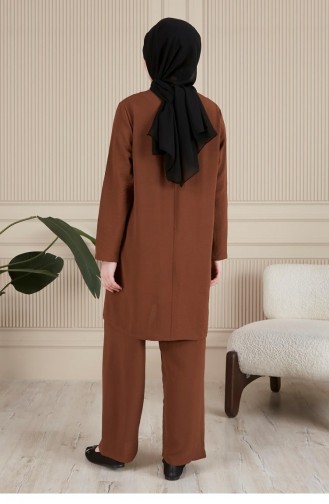 Kadin Tesettur Giyim Buyuk Beden Tesettur İkili Takim Ayrobin Pantolon Tunik Takim 8689 Kahverengi
