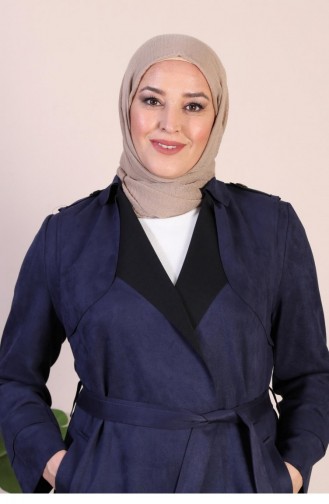 Women`s Large Size Hijab Suede Trench Belted At Waist Hijab Suede Trench Coat 8895 Navy Blue 8895.Lacivert